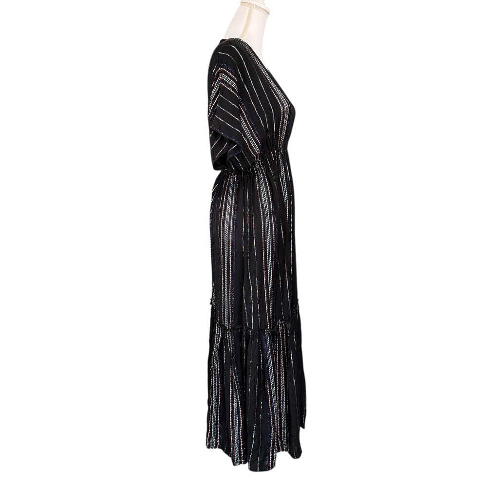 Elan Black Metallic Striped Boho Maxi Dress Small V-Neck Tiered Ruffle CTS5750 - Picture 3 of 9